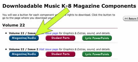 Arrow pointing to Magazine/Audio download button